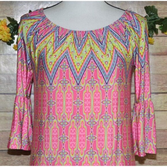 R. Rouge Pink Hippie Retro Midi Dress Size S Bell Sleeves Fringe Colorful Bright - Picture 2 of 11